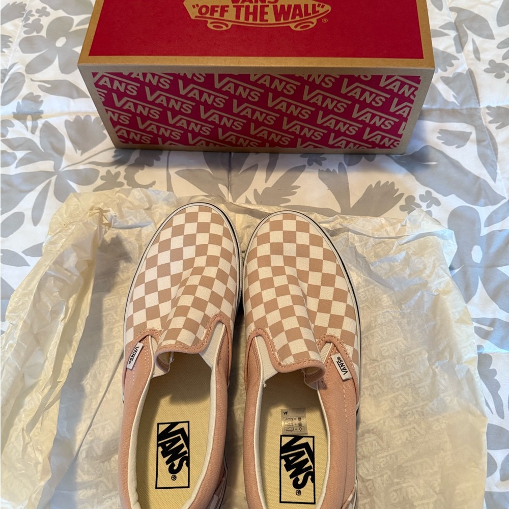 Vans Beige and White Checkered Slip-Ons